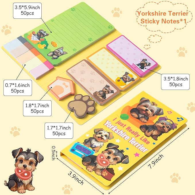 B1ykin Sticky Notes Set - Cartoon Theme Cute Self-Stick Notes Pad Teacher Appreciation Gifts， Self-Adhesive Writing Memo Pages Sticky to Do Notepad for Kids Employee School Office (Yorkshire Terrier)