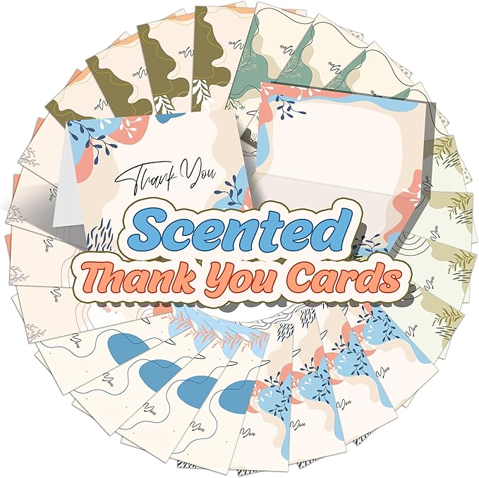 24 Pack Scented Thank You Cards with Kraft Envelopes & Matching Stickers, Scratch & Sniff Bulk Greeting Cards, 4x6 Inch Thank You Notes for Wedding, Business, Baby & Bridal Shower, Graduation, Funeral