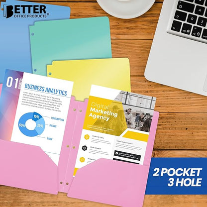 Better Office Products 3 Hole Punch Pocket Folders, Bulk Pack, Sturdy Plastic 2 Pocket Folders, Assorted Pastel Colors, Letter Size, with Business Card Slot,(6 Pack)