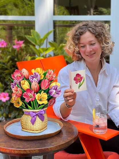 Freshcut Paper Pop Up Cards, Festive Tulips, 12 Inch Life Sized Forever Flower Bouquet 3D Popup Greeting Card, Birthday Cards, Thank You Card, Blank Notecard & Envelope