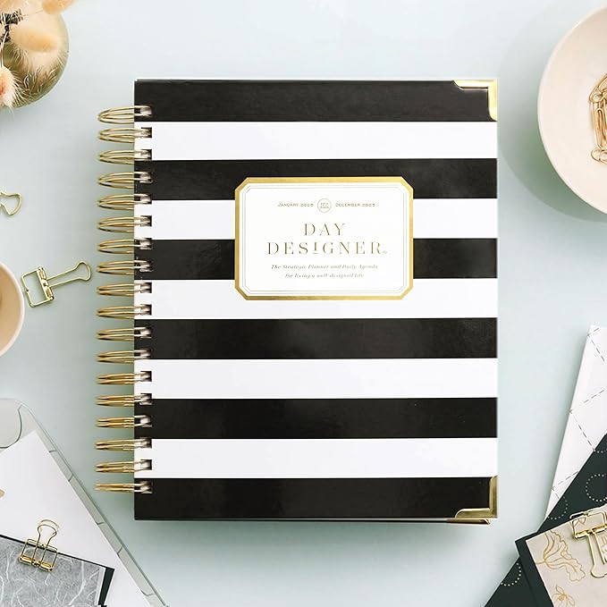 Day Designer 2025 Daily Planner – Premium Planner for Stylish Organization. Combines Monthly Calendar, Hourly Schedule, To-Do List, Gratitude, Goal Setting, Inspirational Quotes, Stickers & More. Elegant laminated Cover with Gold Accents (Black Stripe)