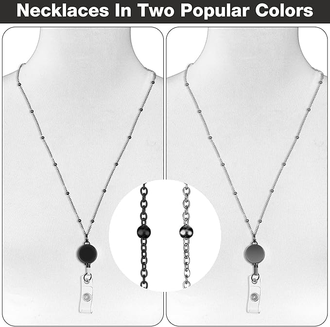Outus 2 Pieces Badge Lanyard with ID Holders Stainless Steel Badge Holders Necklace Retractable Reel Clip Chain Water Resistant Name(Black, Gray)