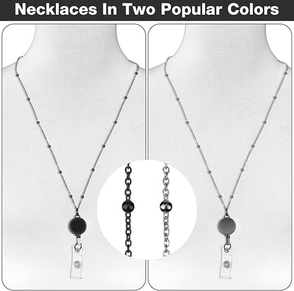 Outus 2 Pieces Badge Lanyard with ID Holders Stainless Steel Badge Holders Necklace Retractable Reel Clip Chain Water Resistant Name(Black, Gray)