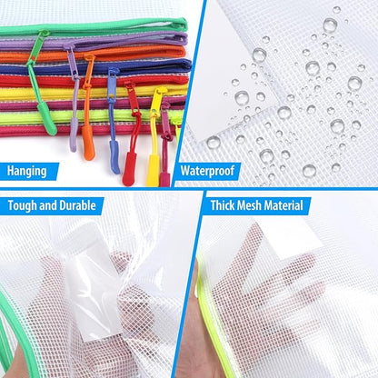 18 Pack A4 Mesh zipper pouch bags, Zipper Bags with Label Pocket,Zipper Pouches of office supplies,File Bags for Classroom Organization,Puzzles, Board Game Storage