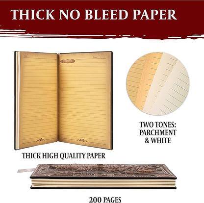 DND Notebook / Journal, Unique 200 Page Book with 3D Bronze Dragon Embossed Faux Leather Cover with Pen- Ideal for Dungeons & Dragons / D&D. Great RPG Accessories Gift for DM's & Players, Men or Women