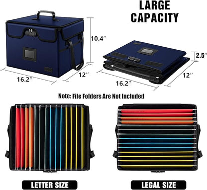 AMBOR File Box with Lock, Fireproof Document Box with 5 Tabs & Inserts, Collapsible File Organizer with Handle for Letter & Legal Size Folder/Certifications/Books Storage, Blue