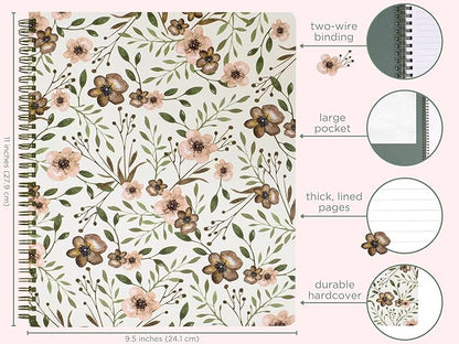 Steel Mill & Co Cute Large Spiral Notebook College Ruled, 11" x 9.5" with Durable Hardcover and 160 Lined Pages, Woodland Floral