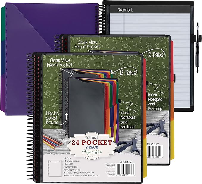 Samsill 2 Pack Deluxe 24 Pocket Spiral Project Organizer with Refillable Notepad, Customizable Front Cover, 12 Dividers with Erasable Write-On Tabs in Assorted Colors, Plastic Folders with Pockets