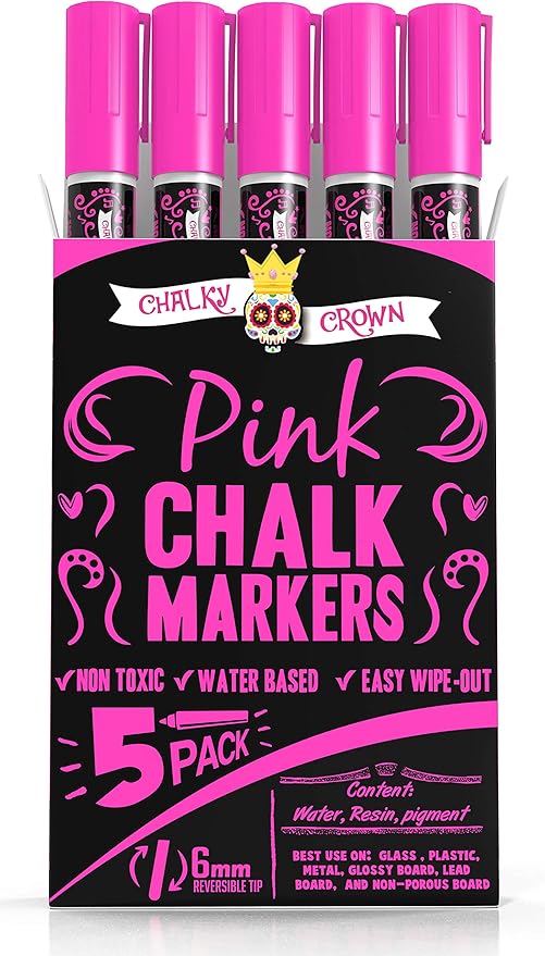 CHALKY CROWN Liquid Chalk Marker Pen - Dry Erase Marker - Chalk Markers for Chalkboard Signs, Windows, Blackboard, Glass - 6mm Reversible Tip (Pink, 5 Pack)