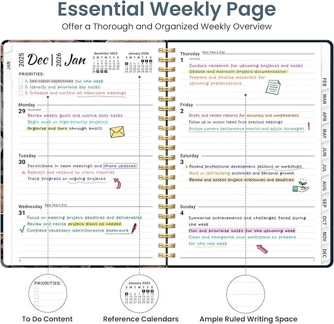 2026 Planner, Weekly and Monthly Planner for Women, January 2026 to December 2026, Pretty Hardcover 2026 Calendar Planner Book with Tabs, Inner Pocket, Spiral Bound, Perfect Office Home School Supplies - 6.3" x 8.5", Vintage Peony