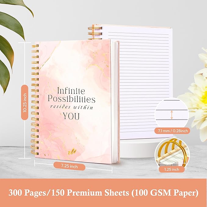 Hardcover Spiral Journal, 10.25" x 7.25", 300-Page Large College-Ruled Notebook for Women, Ideal for Writing, Journaling, Note-Taking, Work, School