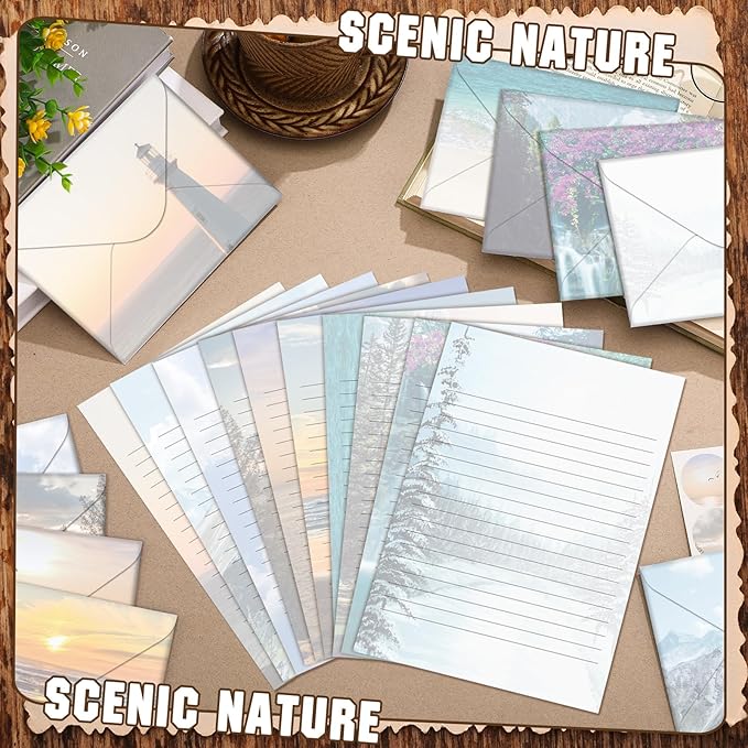 TaoBary 160 Packs Stationery Paper Set (50 Double Sided Stationery Writing Papers 50 Matching Envelopes) 60 Round Dot Sticker, 10 Design(Scenic Nature,5.5 x 8.25 Inch)