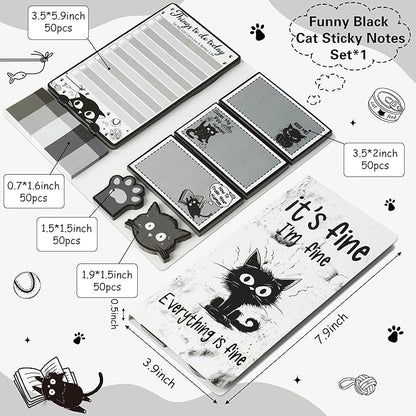 B1ykin Sticky Notes Set - Cartoon Theme Cute Self-Stick Notes Pad Teacher Appreciation Gifts， Self-Adhesive Writing Memo Pages Sticky to Do Notepad for Kids Employee School Office (Funny Black Cat)