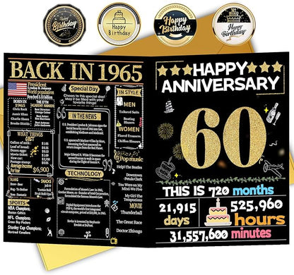 60th Anniversary Card for Women Men, Gold Wedding Card for Wife Husband, Sweet Marriage Decorations Gifts for Couple, Perfect for Her Him on Anniversary Day, Diamond Wedding Card, Back in 1965