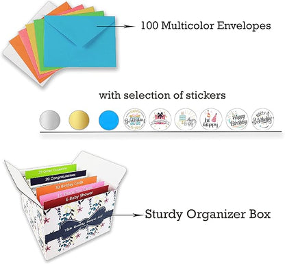 100 All Occasion Cards Assortment Box with Envelopes and Stickers - Large 5x7 Inch Bulk Greeting and Blank Notes, 100 Unique Designs