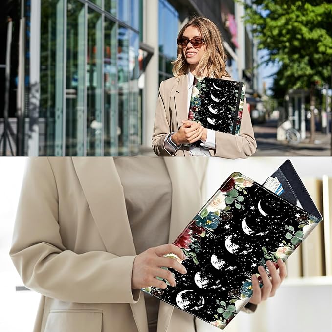 PU Leather Padfolio Folder Clipboard Portfolios Organizer Conference Document Organizer with Business Card Holder Storage Clipboard Writing Pad,Moon Wild Floral