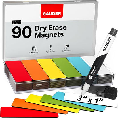 GAUDER Magnetic Dry Erase Labels | 90x Magnetic Labels (3 Inches x 1 Inch) | Dry Erase Magnets for Classroom, Whiteboard and Blackboard