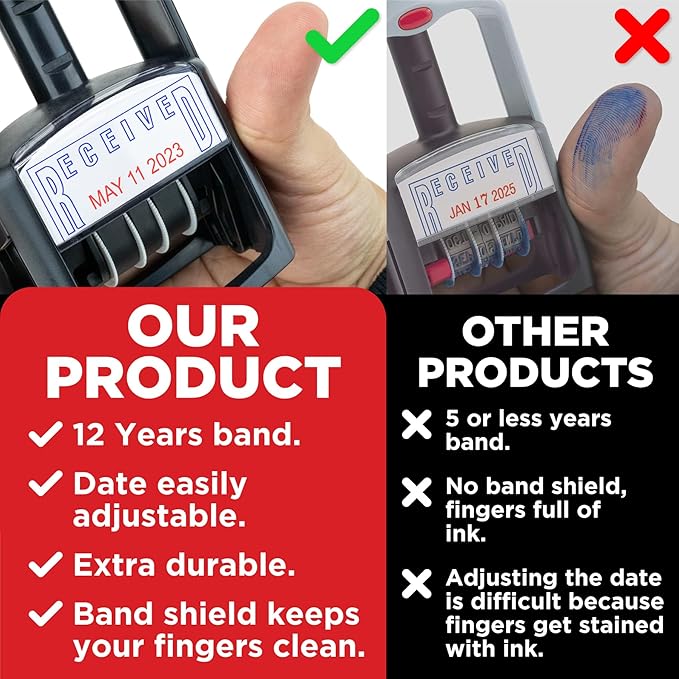 Self-Inking Rubber Date Office Stamp with E-Mailed Phrase - Blue Ink & Date Red Ink - 12-Year Band