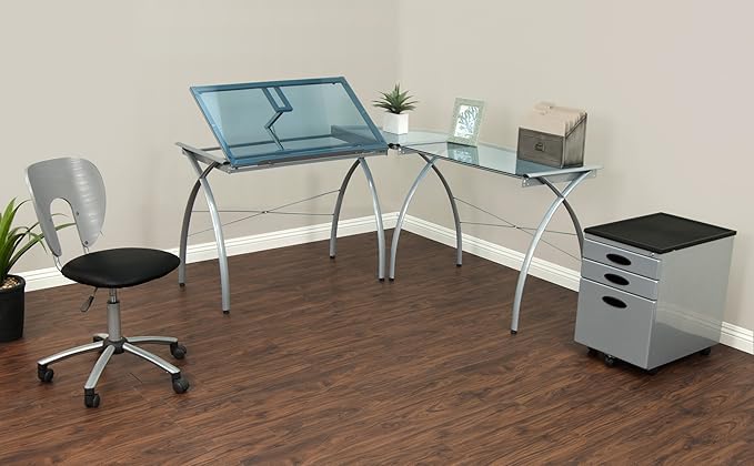 SD STUDIO DESIGNS Futura LS WorkCenter with Tilt Top Adjustable Drafting Table Craft Table Drawing Desk Hobby Table Writing Desk Studio Desk, Silver / Blue Glass
