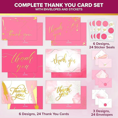 Decorably 24 Pack Gold-Foiled 6x4in Pink Thank You Cards with Envelopes and Stickers, 6 Elegant Designs Pink Blank Cards and Envelopes, Blank Inside - Wedding, Baby Shower, Birthday