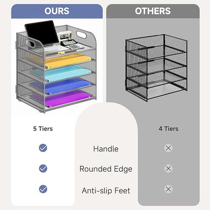 5 Tier Paper Organizer with Handle, Metal Mesh Desk Organizer File Folder Organizer Paper Letter Tray Desktop Document Sorter for Classroom, School, Office Organization and Storage - Silver