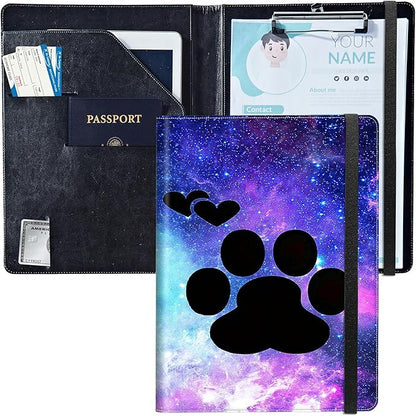 PU Leather Padfolio Clipboard Notepad with Pen Loop and Elastic Strap Interview/Resume Document Organizer for Business School Office,Animals Dog Paws Galaxy