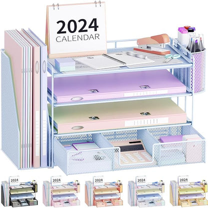 Desk Organizers and Accessories, Desk Accessories & Workspace Organizers for Office Supplies, File Organizer Desk Drawer Organizer with 2 Pen Holders, 4 Tier Paper Organizer for Desk(Blue)