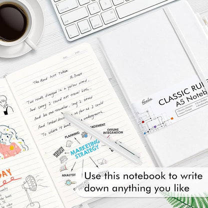 feela 12 Pack Notebooks Journals Bulk, Hardcover Notebook Classic Ruled Lined Journals with Pen Holder for Women Girls School Business Supplies, with 12 Black Pens, 120 GSM, 5.1”x8.3”, A5, White