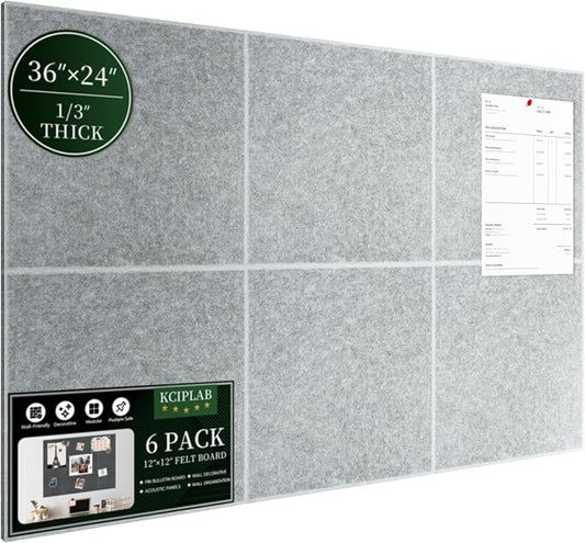 Large Cork Bulletin Board for Wall 36"x24", 6 Pack Felt Wall Tiles with 50 Pushpins, 30 Safe Removable Adhesive Tabs, Decorative Pin Board Tack Board for Office Home School, Silver Grey