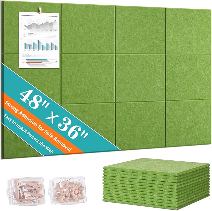 Large Cork Board for Walls - 12 Pack Felt Wall Tiles with Safe Removable Adhesive Tabs - 48" x 36" Bulletin Board for Home & Office & School Decor - Sage Green