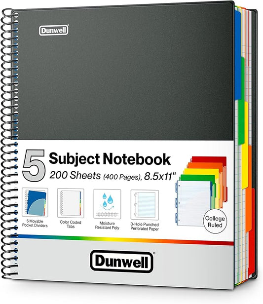 Dunwell 5-Subject Notebook, College Ruled, Colorful Movable Pocket Dividers with Tabs, Front/Back Plastic Covers, 200 Sheets (400 Pages) of 3-Hole Punch Perforated 8.5x11 Paper