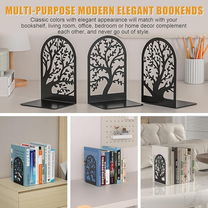 VFINE Bookends 3 Pairs, Decorative Book End, Bookends for Shelves, Book Ends for Shelves, Book Stopper Book Ends to Hold Books, Book Stopper, Unique Black Metal Tree Book Ends for Home School Office