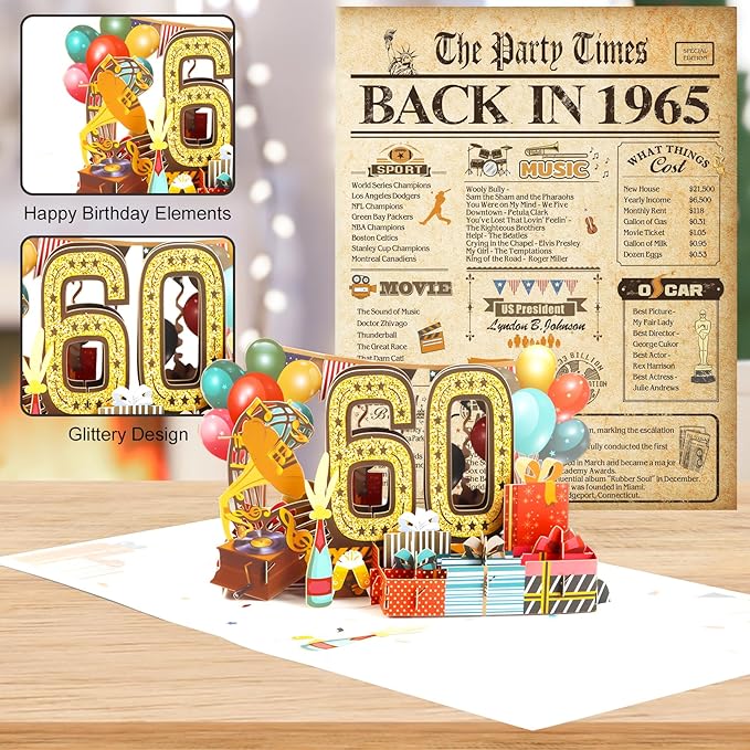 60th Birthday Card for Men Women, 3D Pop Up 60th Birthday Gifts Cards for Him Her, Back In 1965 Funny 60 Year Old Birthday Decorations, Classy Vintage