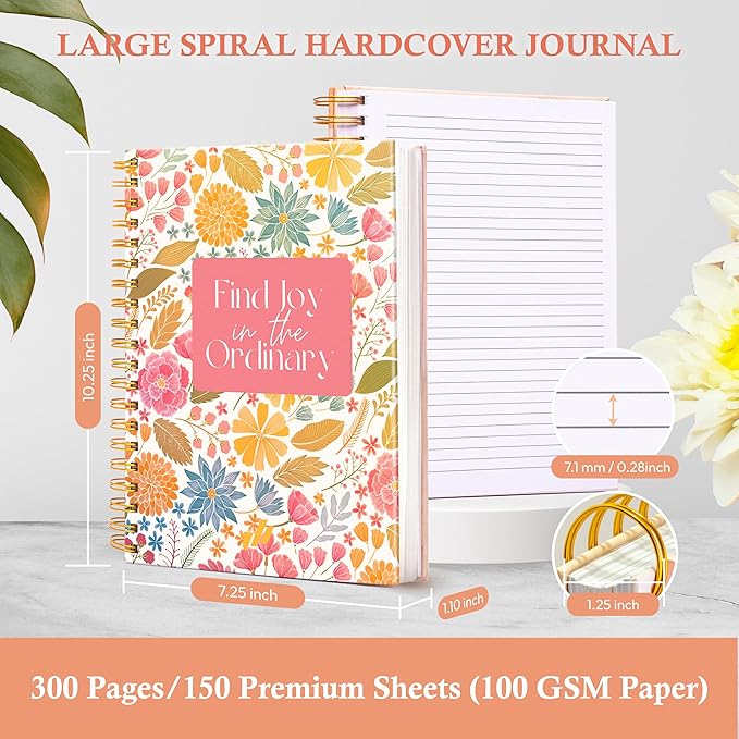 Hardcover Spiral Journal, 10.25" x 7.25", 300-Page Large College-Ruled Notebook for Women, Ideal for Writing, Journaling, Note-Taking, Work, School
