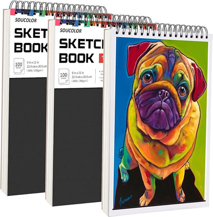 Soucolor 9" x 12" Sketch Book, 3-Pack 100 Sheets Spiral Bound Art Sketchbook, Acid Free (68lb/100gsm) Artist Drawing Book Paper Painting Sketching Pad