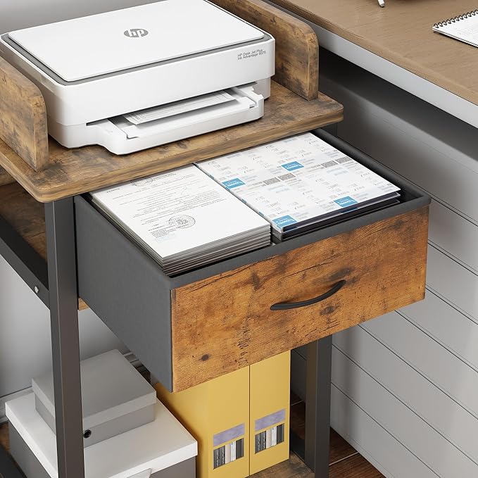 TigerDad Printer Stand with Storage Drawer, Multifunctional Desk Organizer for Fax Machine Scanner Files Utility Carts for Office Supplies, File Cabinet, Space Saving Design for Home Office