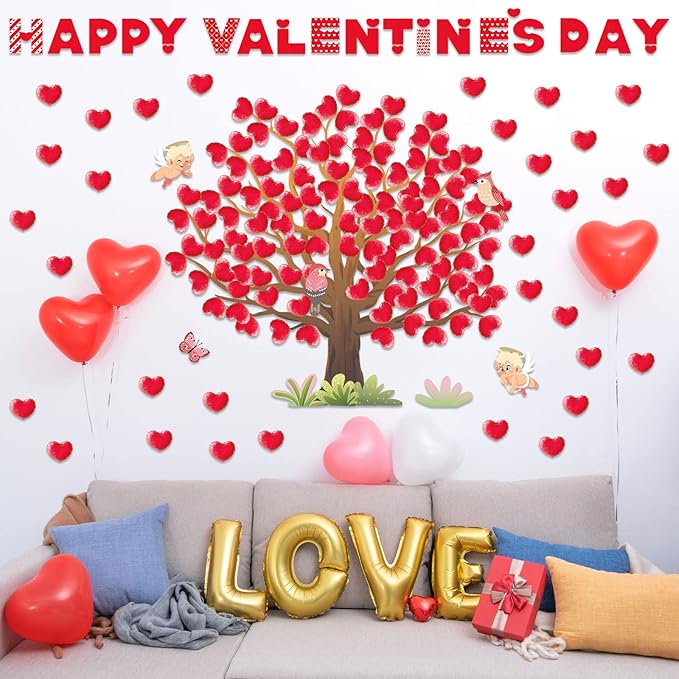 Valentine's Day Bulletin Board Decorations Valentine Tree Bulletin Board Set Heart Classroom Tree Bulletin Board Stickers Heart Bulletin Board Tree Wall Background Banner Decor (Cute Style)