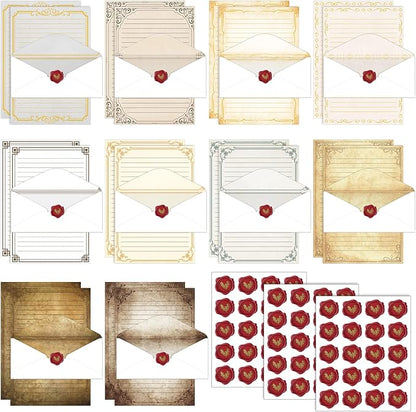 TaoBary 160 Packs Stationery Paper Set (50 Double Sided Stationery Writing Papers 50 Matching Envelopes) 60 Round Dot Sticker, 10 Design(Retro,8.5 x 11 Inch)