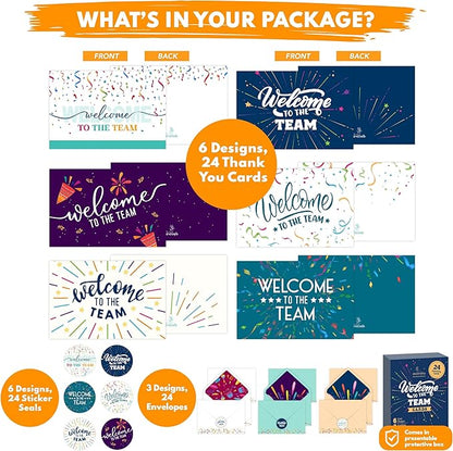 Decorably 24 Pack 6x4in Welcome To The Team Cards with Envelopes and Stickers, 6 Festive Designs Welcome Cards for New Employees, Blank Inside