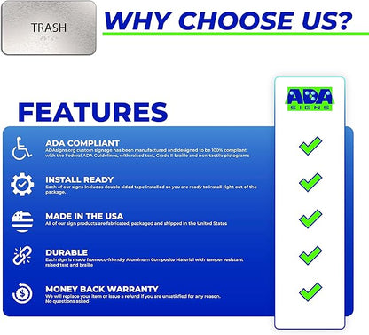 ADA Trash Sign for Business - Office Signs, Aluminum Brushed Silver, Tamper-Proof, Heavy Duty Mounting Tape, Easy Install, Office Décor, ADA Compliant, Grade 2 Braille (7” W x 4” H) ADASigns.org