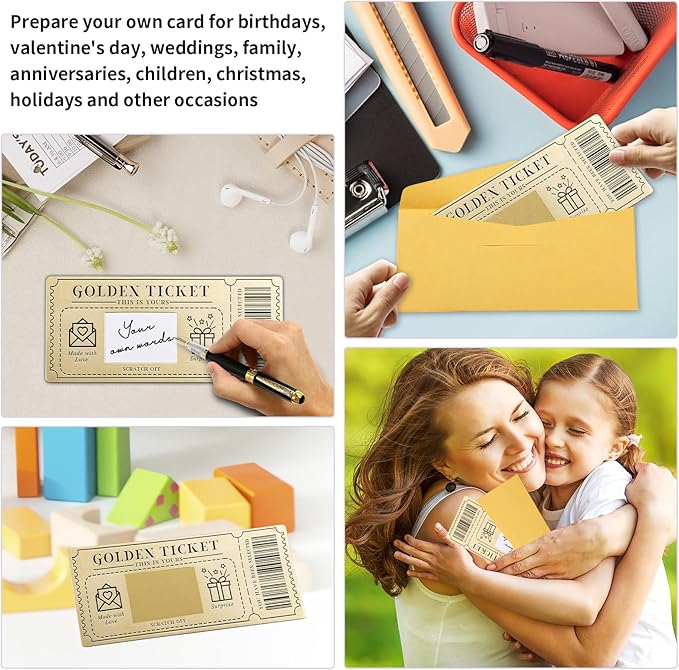 1 Piece Golden Ticket Scratch-off Card with Envelope, Scratch & Reveal Surprise Ticket for Writing Your Own Special for Birthday, Gifts for Girlfriends, Wives, Valentine's Day Card, Christmas Gift Card