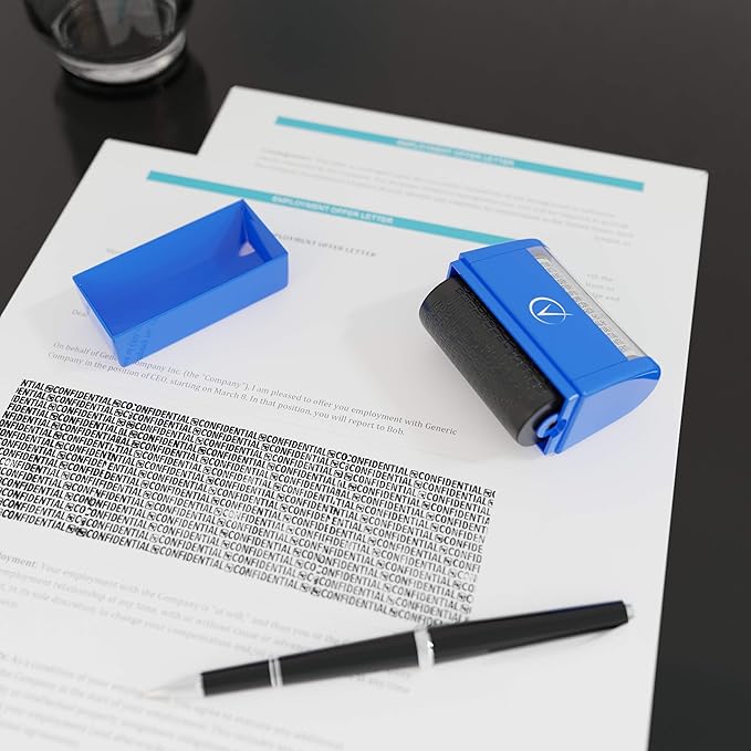 Identity Theft Protection Roller Stamps Wide Kit - Confidential Roller Stamp, Anti Theft, Privacy & Security Stamp, Designed for ID Blackout Security - Classy Blue Wide with 3 Refills