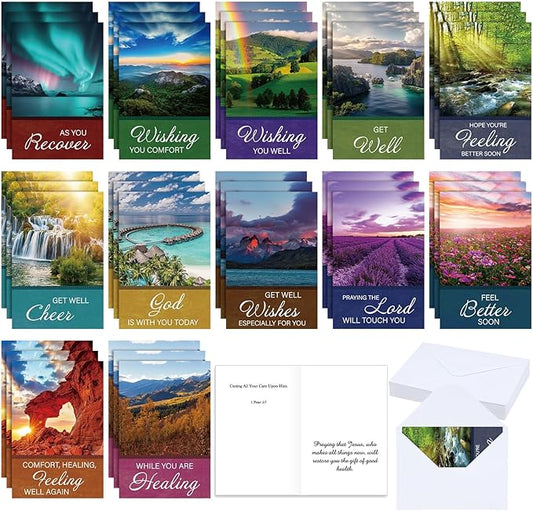 36 Sets Christian Get Well Soon Cards with Scripture Assorted Religious Bible Verse Wishing You Well Greeting Cards with Envelope(Nature Landscape)