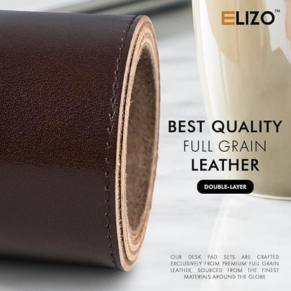 Elizo Leather Desk Mat Desk Pad Blotter Set - Real Full-Grain Leather (32x16) 2-Layer Genuine Desk Cover Protector & Large Mouse Pad | Computer Keyboard Desk Accessories for Office & Home Java