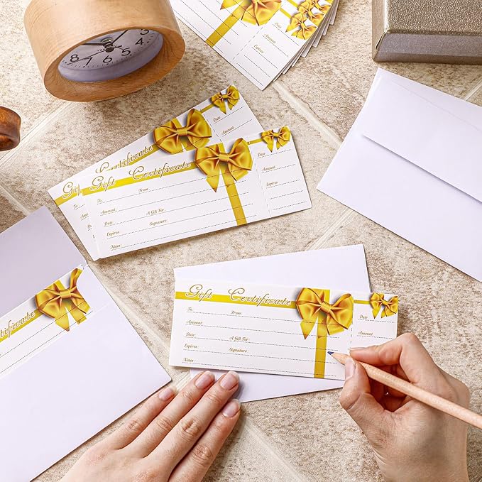 Sinmoe 50 Sets Gift Certificate for Business with 50 Pcs Envelopes Blank Gift Certificate Cards with Name and Address Rustic for Beauty Salon Restaurants Birthday(4.72 x 2.36 Inch, Gold Ribbon)