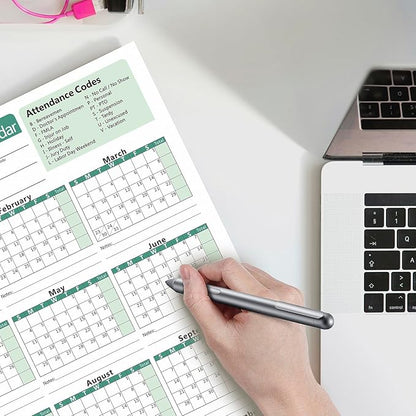 2025 Attendance Calendar (Pack of 25 Sheets) Employee Work Tracker Attendance Calendar Cards - Each sheet 8.5 X 11 100lb CardStock paper Material Make (25 sheets -Green)