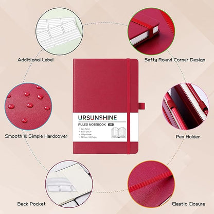 Ruled Notebook/Journal - Classic Lined Journal/Notebook, Hardcover with Thick Paper, 5.3" x 8.26", Banded + Pen Holder +Inner Pocket - Burgundy