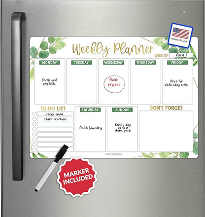 Greenery Magnetic Weekly Calendar for Fridge Whiteboard - Weekly Dry Erase Board for Fridge, Magnetic Weekly Planner for Fridge, Magnetic Whiteboard for Fridge, Schedule Board, White Board for Fridge