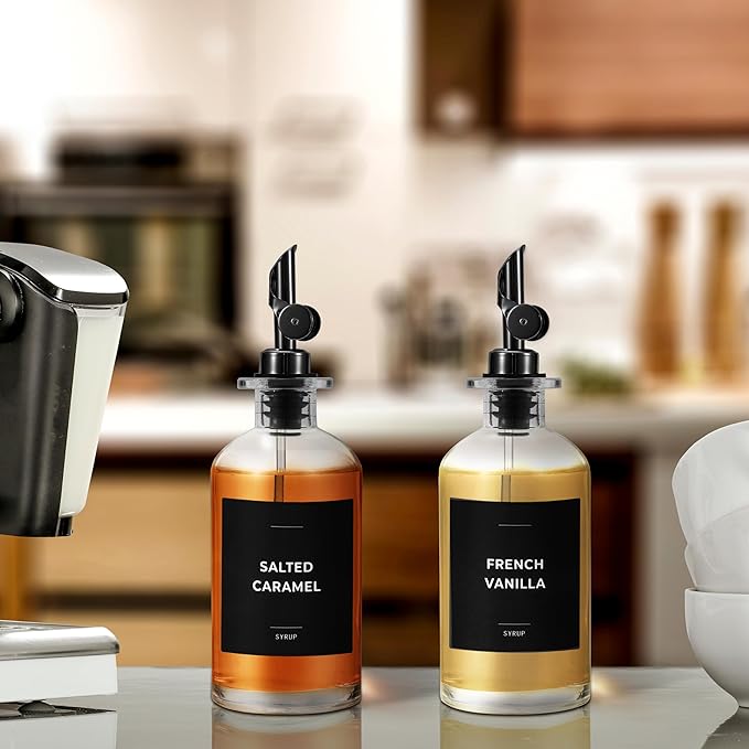 Olive Oil & Coffee Syrup Labels for Bottles - 2.5" x 2.5" Waterproof Kitchen PVC Sticker Labels for Oils, Coffee Syrups, Vinegars, Sauces, Cooking Wines, Condiments - Minimalist Black, 61pcs