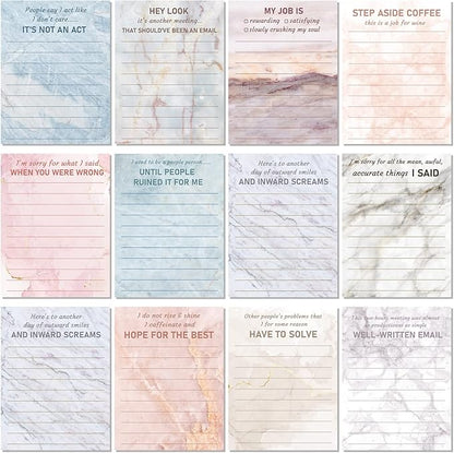 Funny Notepads with Sayings Sticky Funny Office Supplies to Do List Sarcastic Work Assorted Notepad for Workers, 12 Designs, 3 x 3.93 Inch(Marble Style)